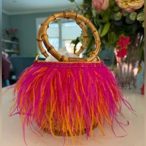 Serpui Pink Orange Kim Feather Wicker Basket Top-Handle Crossbody Bag NWT